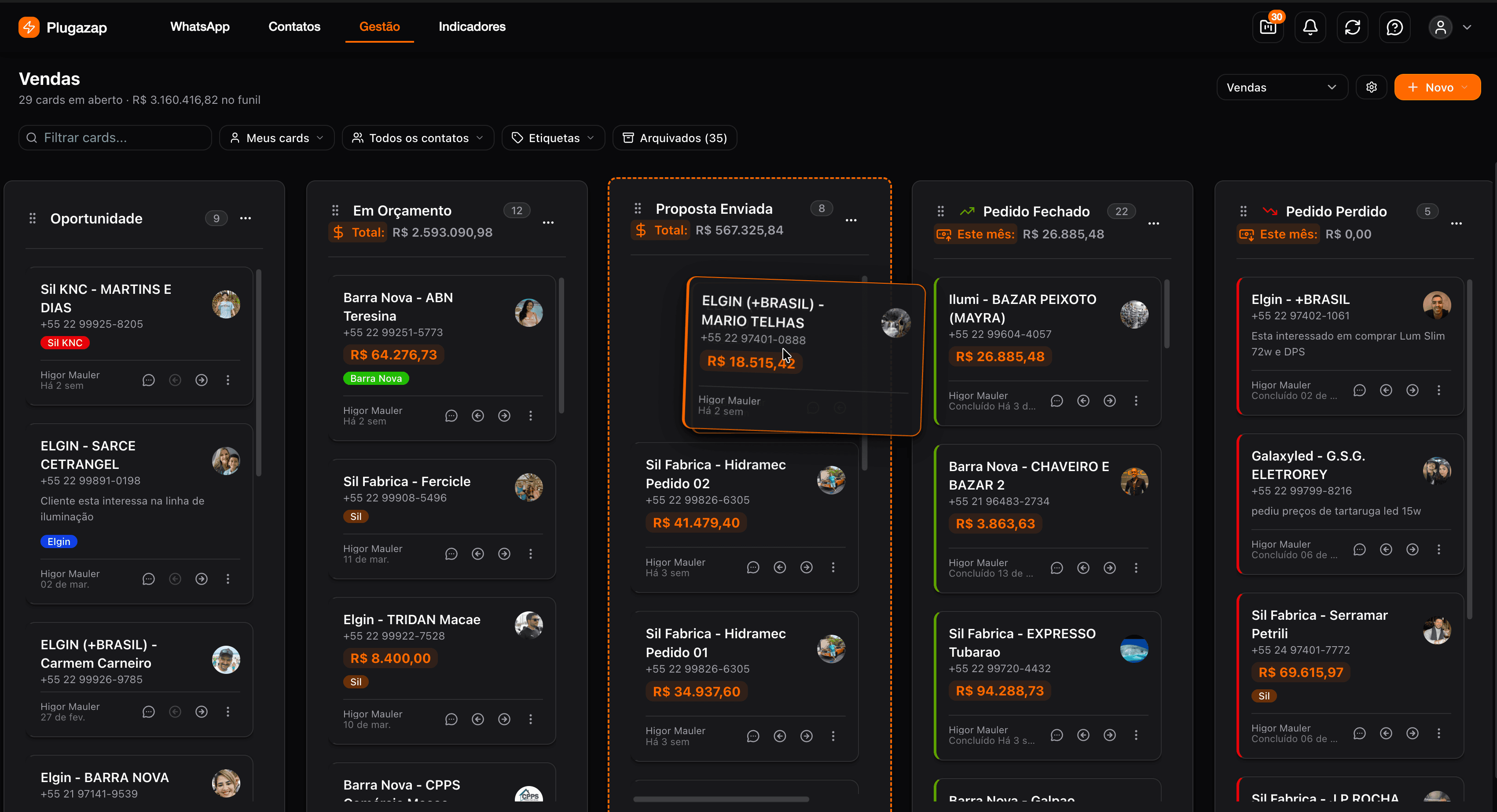 Plugazap rodando no WhatsApp Web — Kanban, CRM e Assistente IA